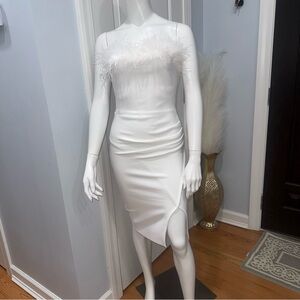 White Feather-Trim Bandage Dress